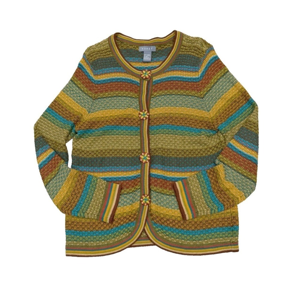 Vintage Koret Womens Multicolor Striped Knit Cottagecore Boho Cardigan Sweater M